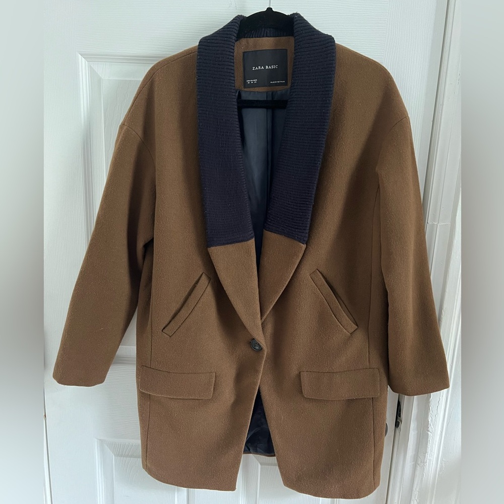 Zara Brown Cocoon Coat w/ Shawl Collar